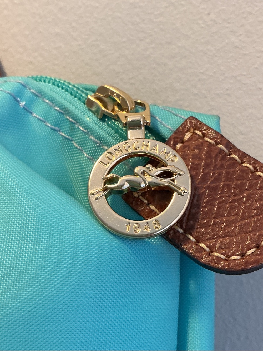 Longchamp Turquoise Nylon Le Pliage Tote with Brown Leather Trim - Picture 4 of 14